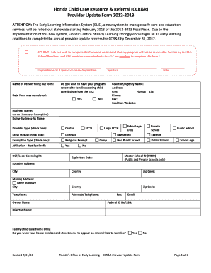 Florida Child Care Provider Update Form