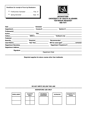 University of South Alabama Textbook Request Form