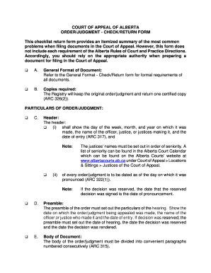 Alberta Court of Appeal Order/Judgment Check/Return Form