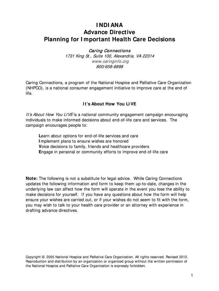 indiana health care directive 2012 form Preview on Page 1