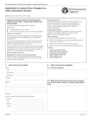 Form WR2: Application to make minor changes to a water abstraction licence