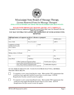 Massage Therapist License Renewal Form