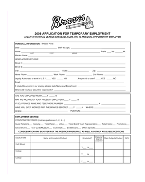 2008 Atlanta Braves Temporary Employment Application