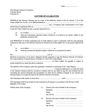Sri Lanka VAT Deferment Letter of Guarantee