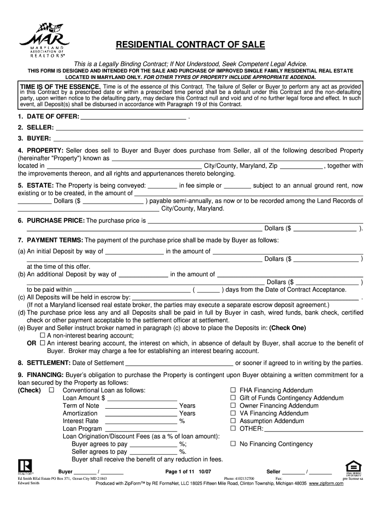 mar residential contract of sale form 2007 Preview on Page 1