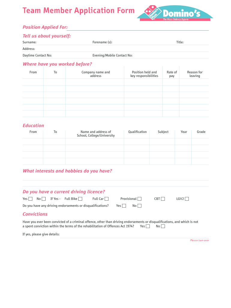 Dominos Application Fill Online Printable Fillable Blank