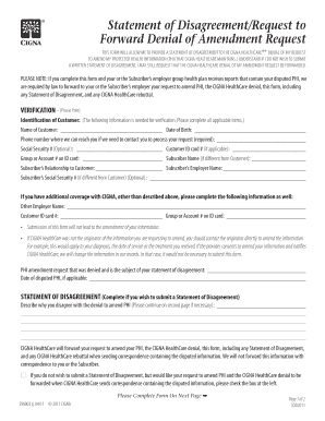 CIGNA HealthCare PHI Amendment Disagreement Form