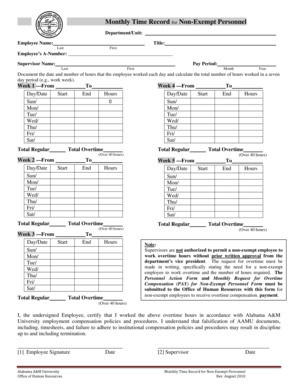 Monthly Time Record for Non-Exempt Personnel