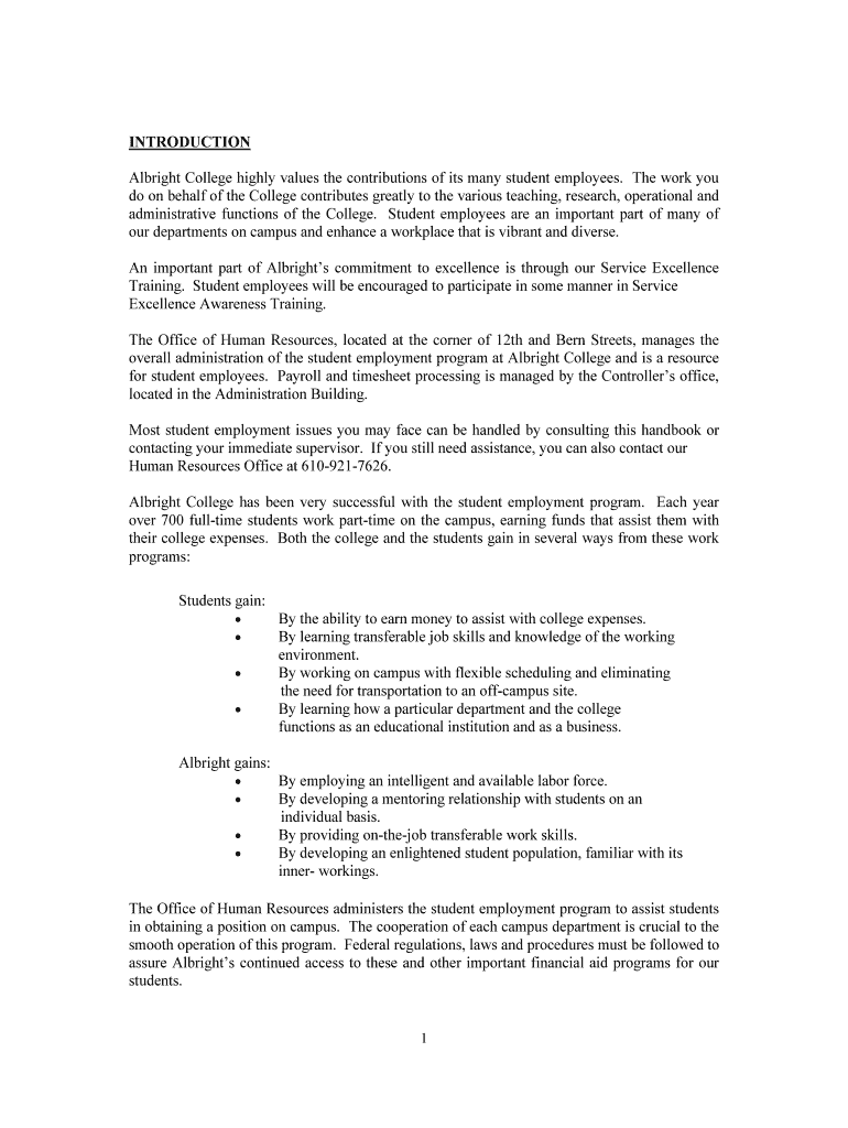 Fillable Online Albright College highly values the contributions of its many student employees