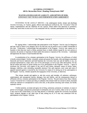 Alvernia University Waiver and Release Form