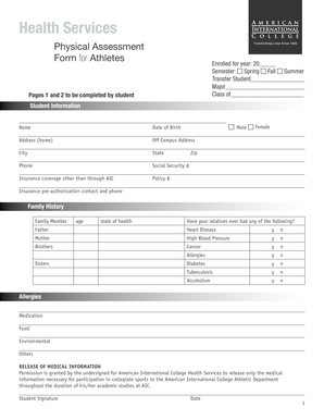 Physical Assessment Form for Athletes