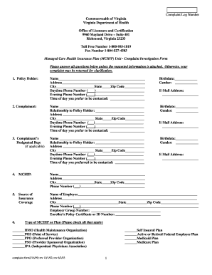 Virginia MCHIP Complaint Investigation Form