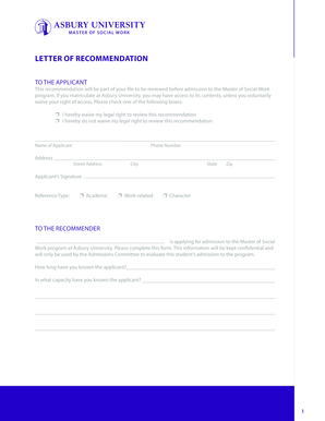 Master of Social Work Recommendation Form