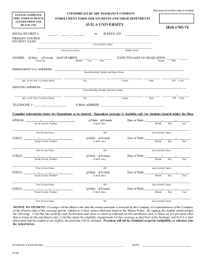 Avila University Student Insurance Enrollment Form