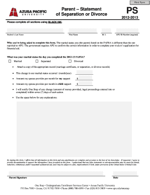 Parent Statement of Separation or Divorce
