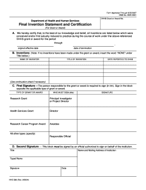 Final Invention Statement and Certification Form HHS 568
