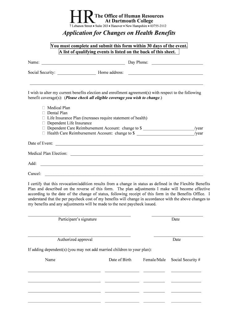 Fillable Online dartmouth Application for Changes on Health Benefits