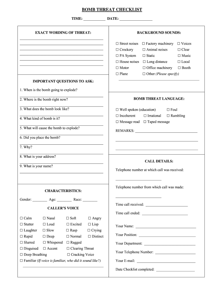 bomb threat checklist word document Preview on Page 1