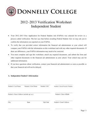 2012–2013 Verification Worksheet