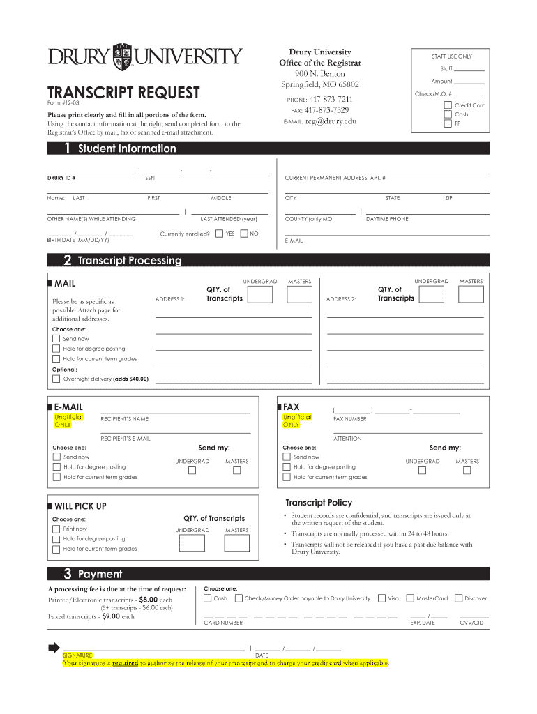 drury transcript request Preview on Page 1