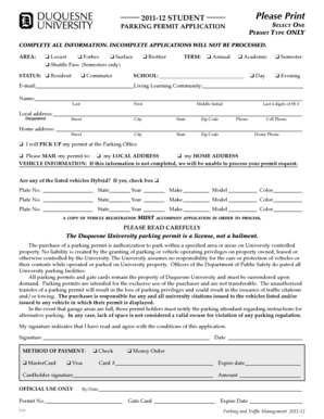 Duquesne University Parking Permit Application