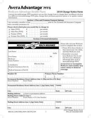 2010 AveraAdvantage PFFS Change Notice Form