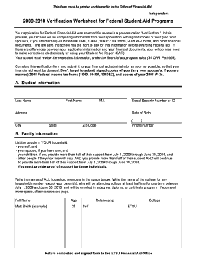2009-2010 Verification Worksheet for Federal Student Aid