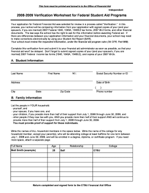 2008-2009 Verification Worksheet for Federal Student Aid