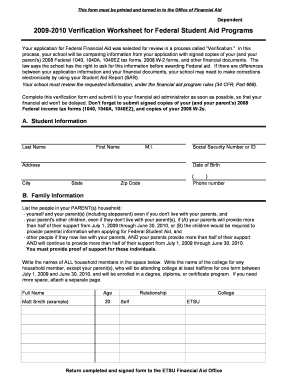 2009-2010 Verification Worksheet for Federal Student Aid