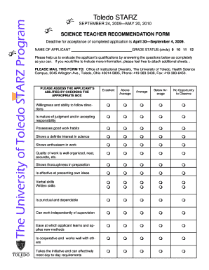 SCIENCE TEACHER RECOMMENDATION FORM - The University ... - utoledo