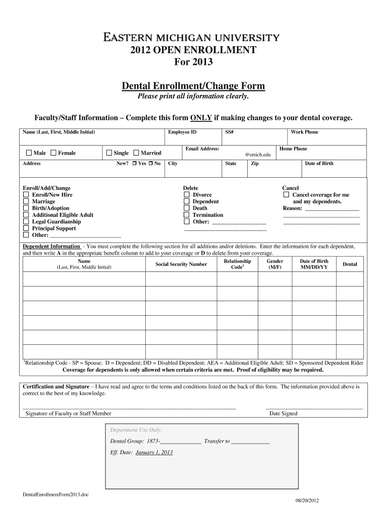 Fillable Online emich 2013 Delta Dental Enrollment/Change Form emich