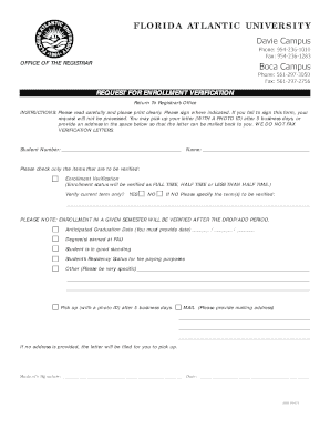 Florida Atlantic University Enrollment Verification Request