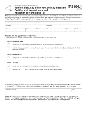 New York State IT-2104.1 Certificate of Nonresidence and Allocation of Withholding Tax
