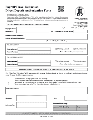 Direct deposit information - payroll authorization deduction for travel form