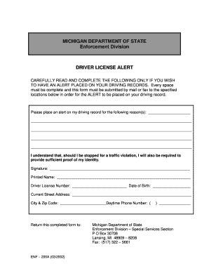 Michigan Driver License Alert Form