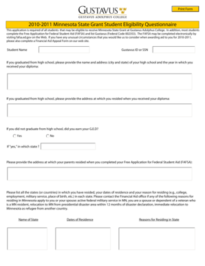 Minnesota State Grant Student Eligibility Questionnaire