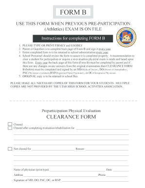 Utah High School Athletics Clearance Form B