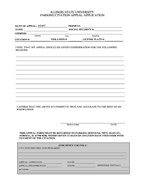 Illinois State University Parking Citation Appeal Application