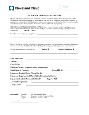 Cleveland Clinic Background Information Release Form
