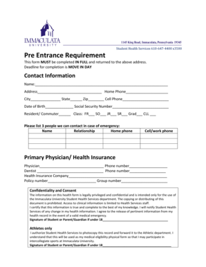 Immaculata University Student Health Form