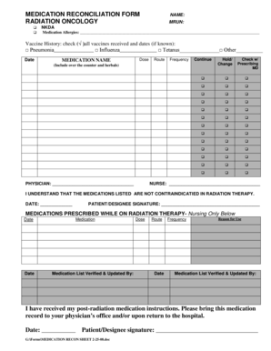 Radiation Oncology Medication Reconciliation Form