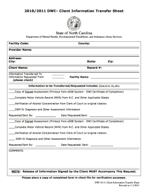 dwi client information transfer sheet