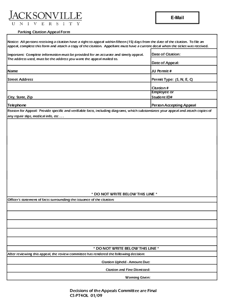 Parking Ticket Appeals Form - ju Preview on Page 1