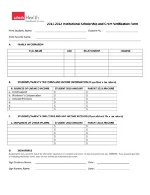 2011-2012 Institutional Scholarship Grant Verification Form