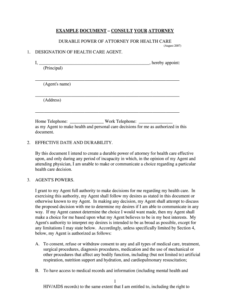 Fillable Online Durable Power of Attorney for Health Care Fax Email