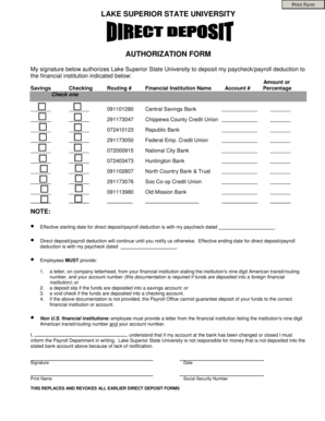 Lake Superior State University Direct Deposit Authorization Form