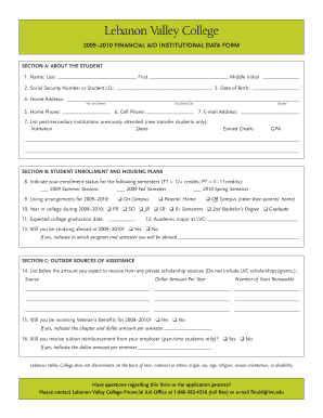 Lebanon Valley College Financial Aid Form