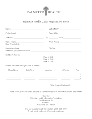 Palmetto Health Class Registration Form