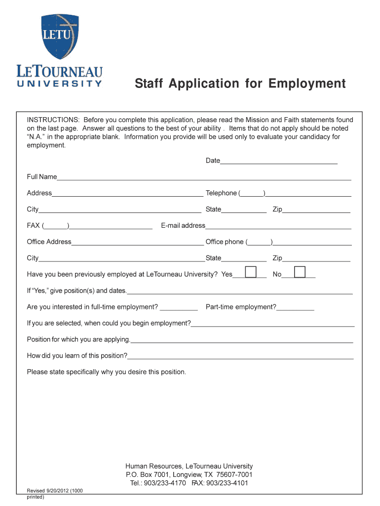 Staff Application for Employment - letu Preview on Page 1