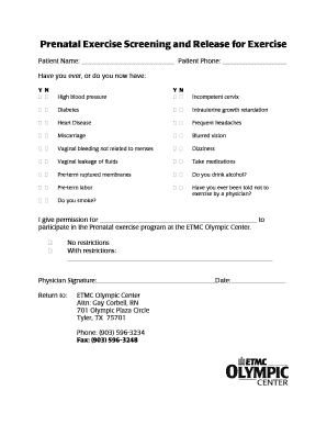 Prenatal Exercise Screening and Release Form